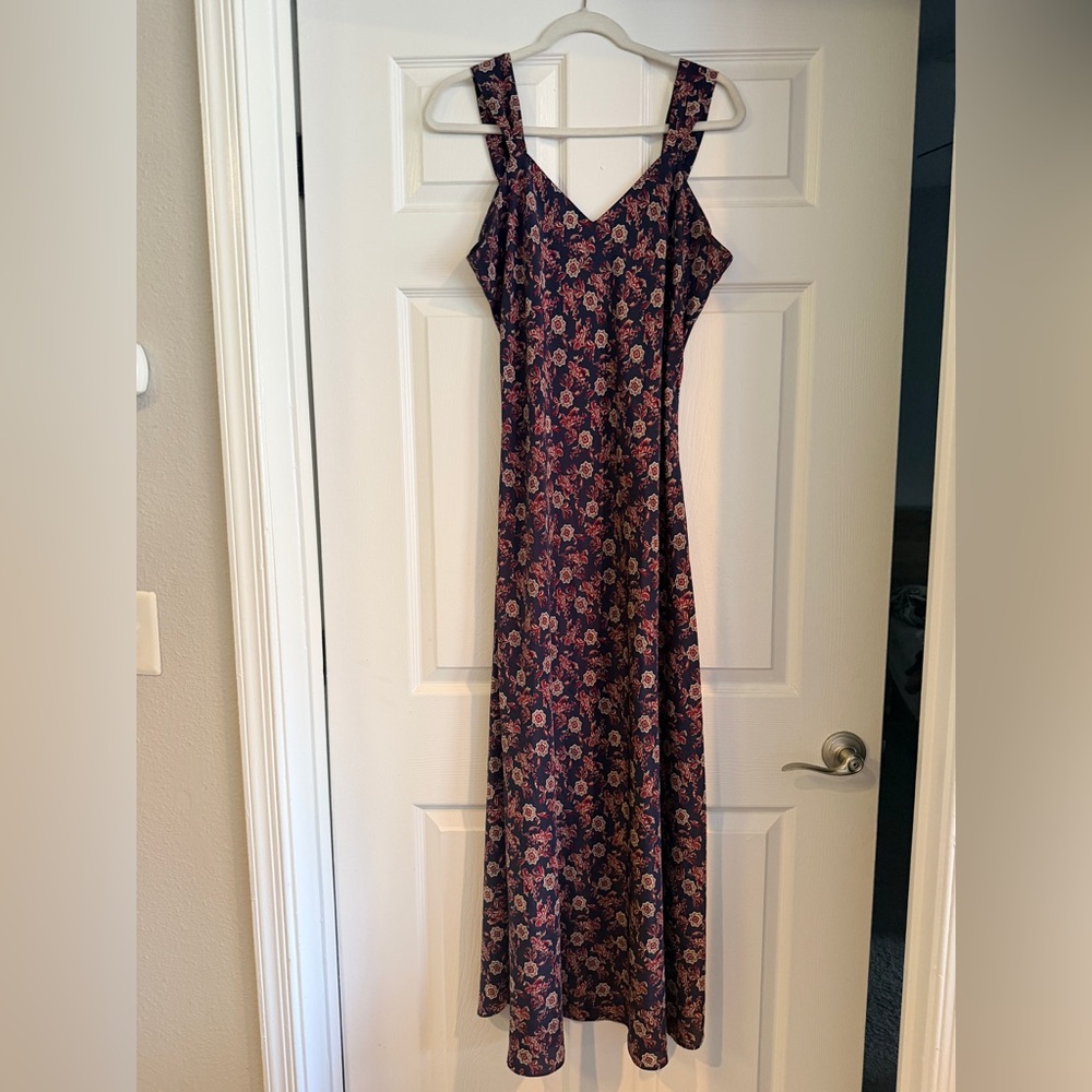 Talbots Navy Floral Maxi Dress with Pink and Rust Blooms